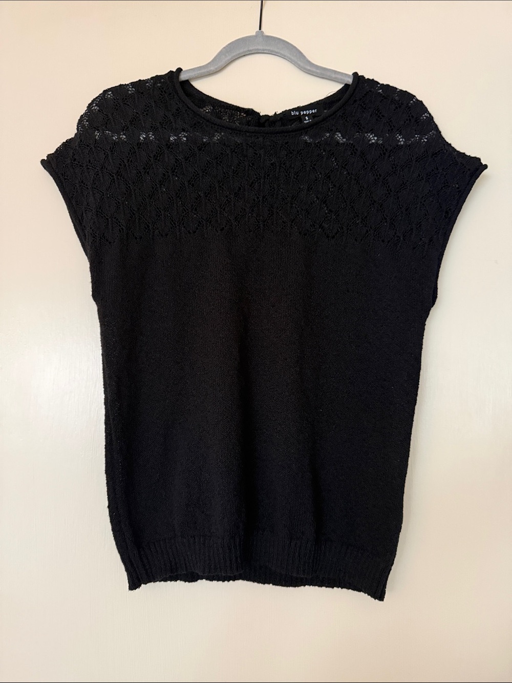 Blu Pepper Black Lace Yoke Knit Top with Bow in Back